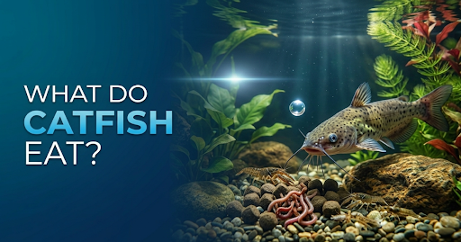 Catfish feeding on worms at the bottom of a freshwater aquarium surrounded by rocks and aquatic plants.