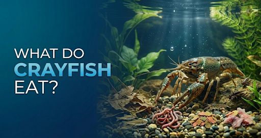 Healthy freshwater crayfish eating worms on a gravel bottom surrounded by rocks and aquatic plants, illustrating the natural diet and feeding habits of crayfish.