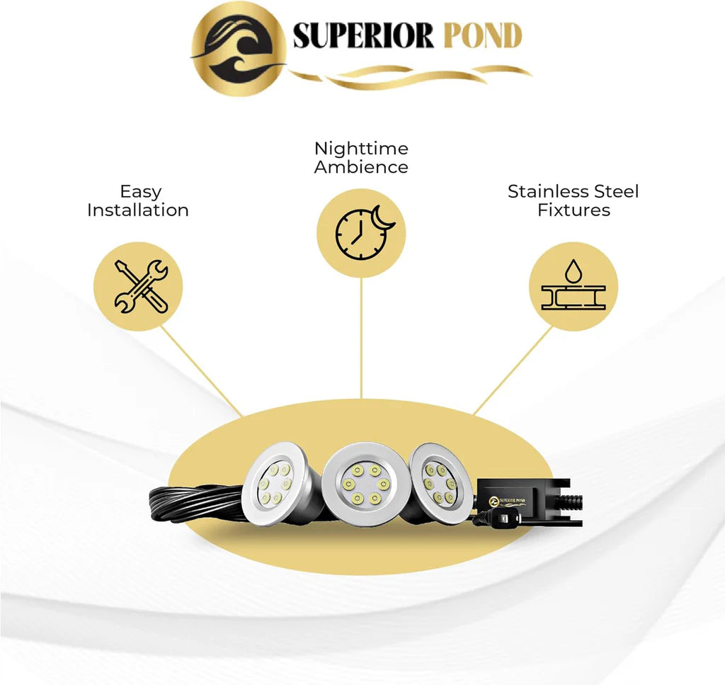 Superior Pond: WHITE LED Fountain Lights | 3LED6-100 | 3 - Fixture | 6-Watts Per Fixture | White LED Fountain Light Kit | 100ft Cord