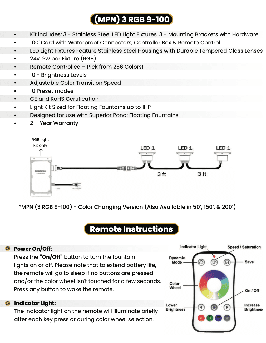 Superior Pond: WHITE LED Fountain Lights | 3LED6-100 | 3 - Fixture | 6-Watts Per Fixture | White LED Fountain Light Kit | 100ft Cord