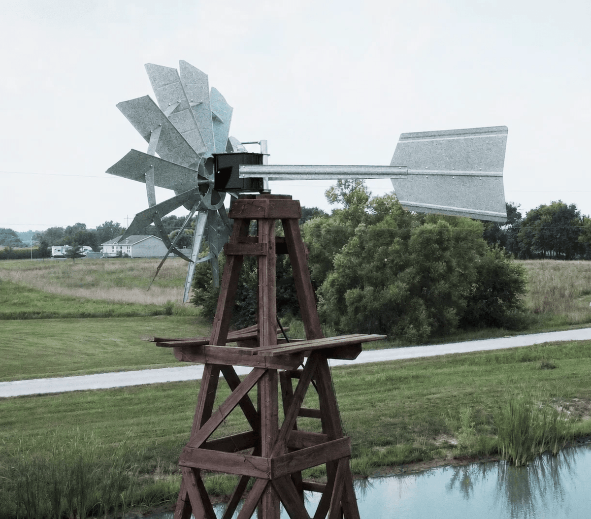 Outdoor Water Solutions: Wood Windmill Pond Aerator 4-Leg Tower / Deluxe kit